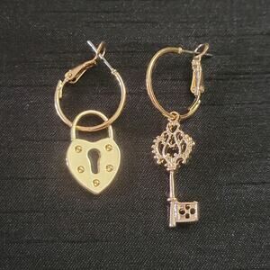 Dainty Heart Lock & Key Gold Tone Hoop Earrings